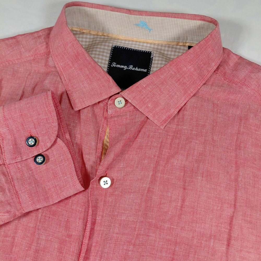 Tommy Bahama Mens Large Pink Linen Cotton Blend Long Sleeve Button Down Shirt